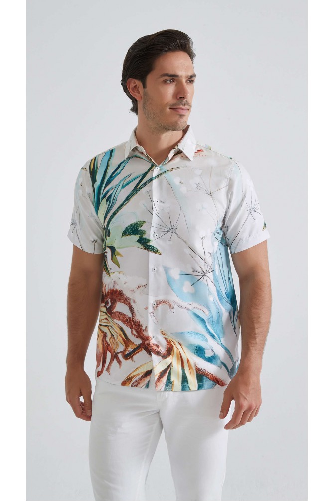 Patterned sleeveless shirt comfort fit - White