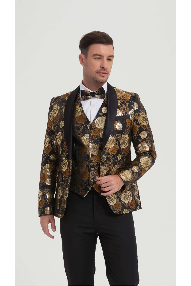Smoking 3 pièces doré à motifs