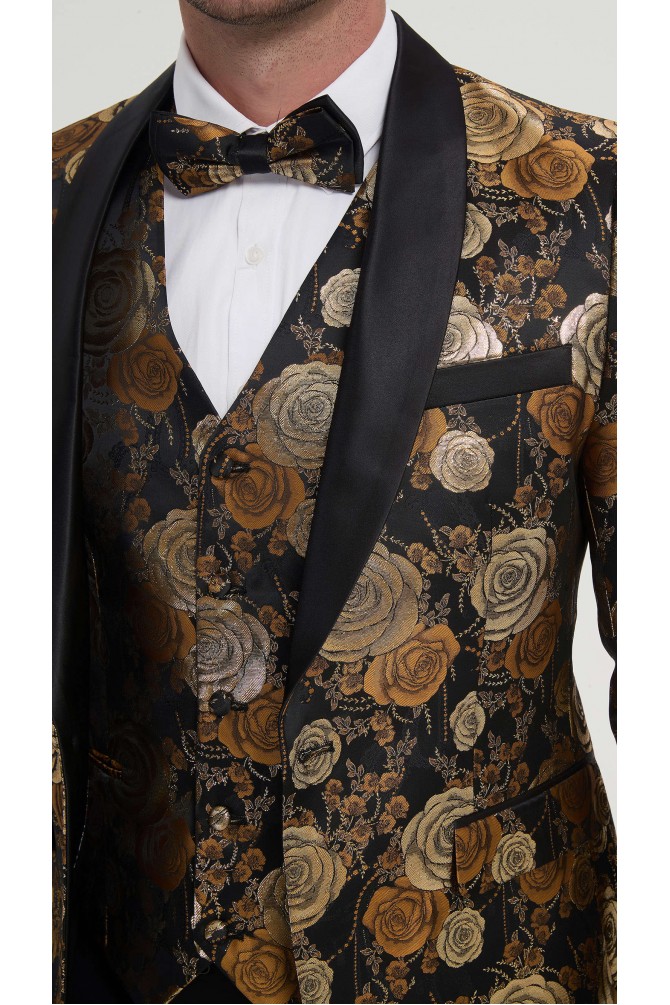 Smoking 3 pièces doré à motifs