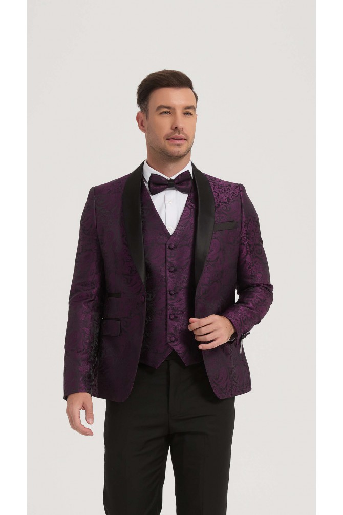 Smoking 3 pièces violet à motifs