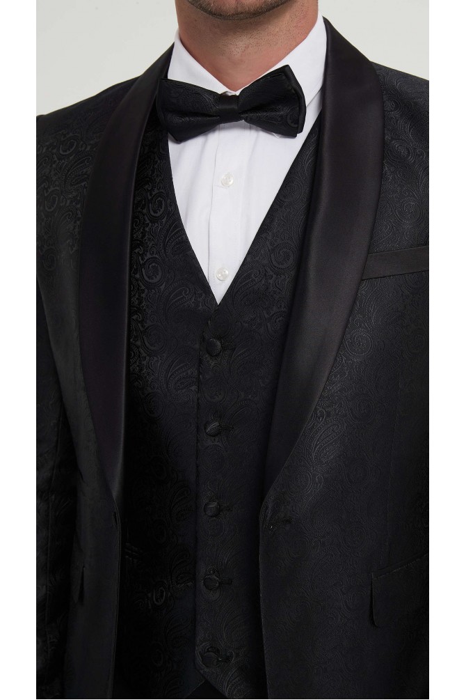 Smoking 3 pièces noir à motifs