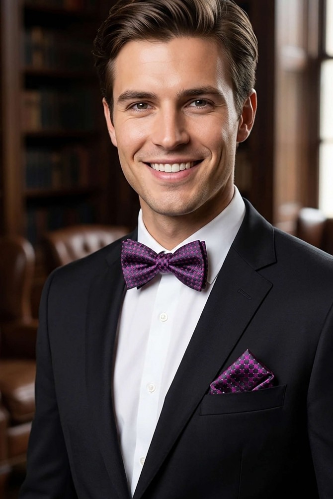 Printed bow tie in box & pocket square