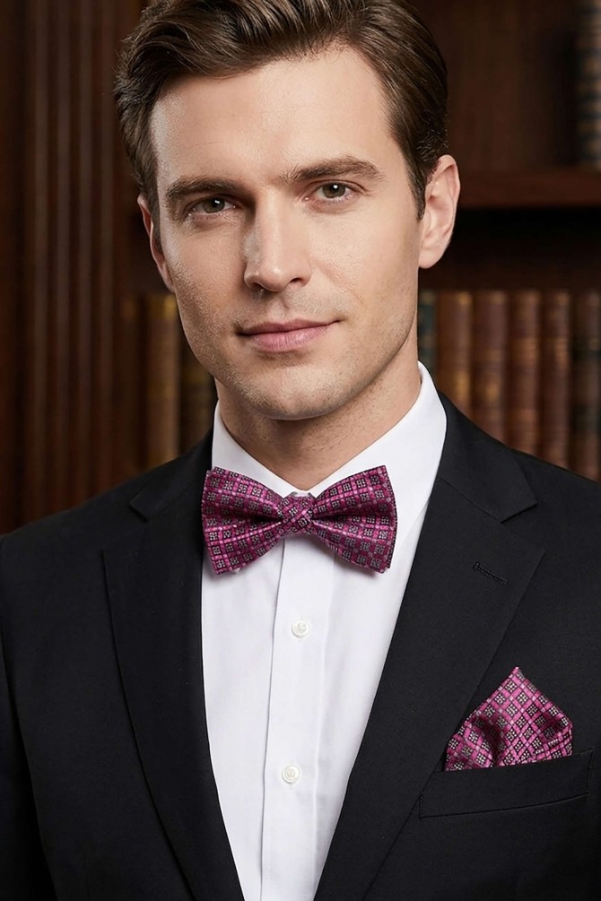 Printed bow tie in box & pocket square