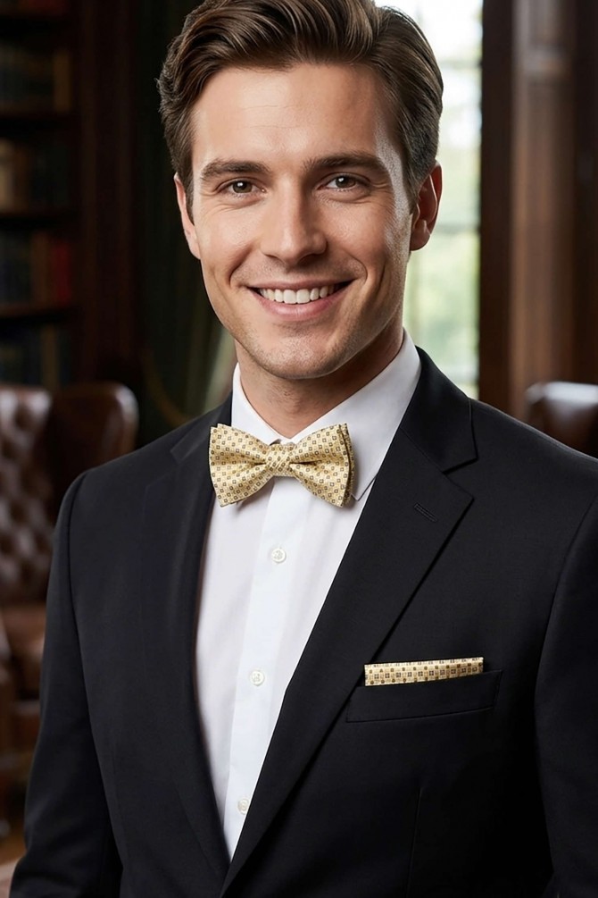 Printed bow tie in box & pocket square