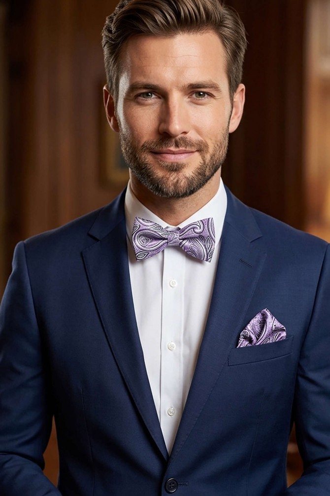 Printed bow tie in box & pocket square