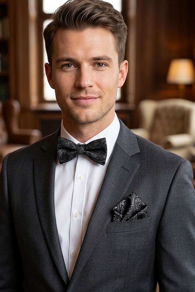Printed bow tie in box & pocket square