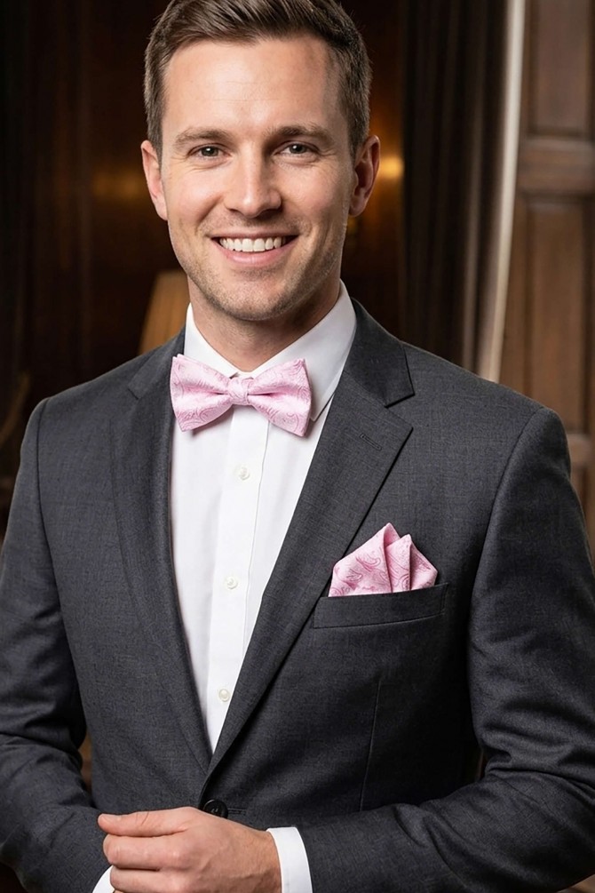 Printed bow tie in box & pocket square