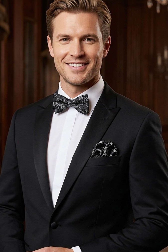 Printed bow tie in box & pocket square