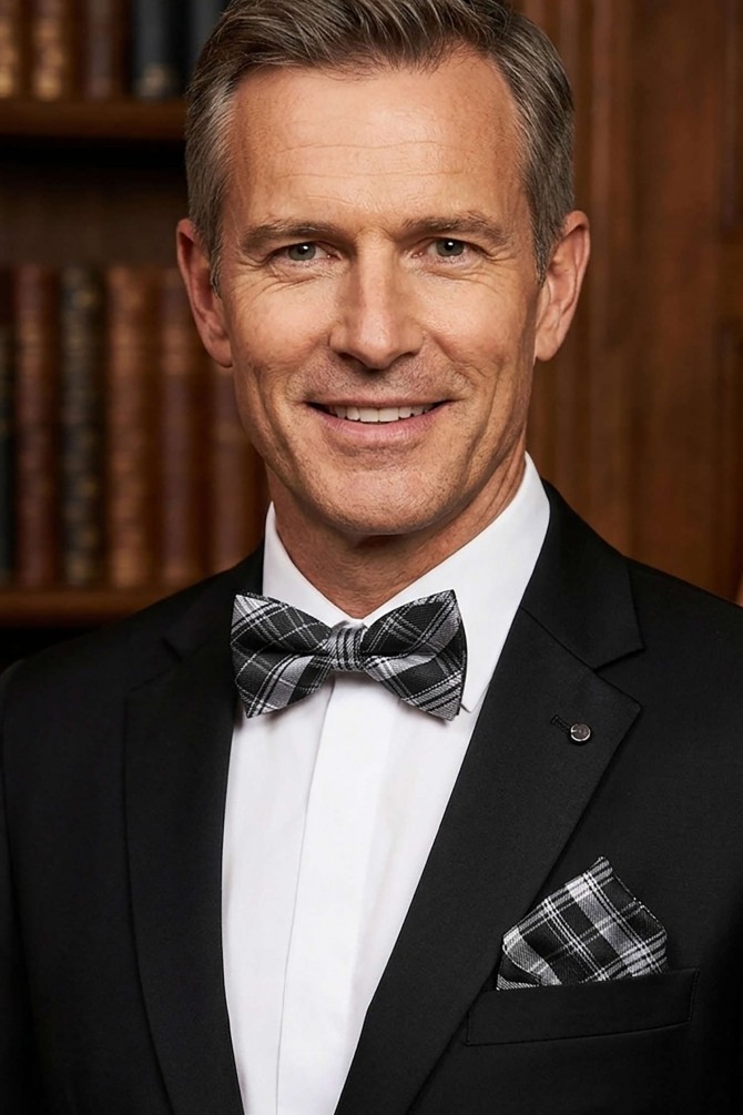 Checks bow tie in box with pocket square