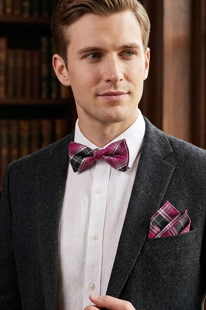 Checks bow tie in box with pocket square