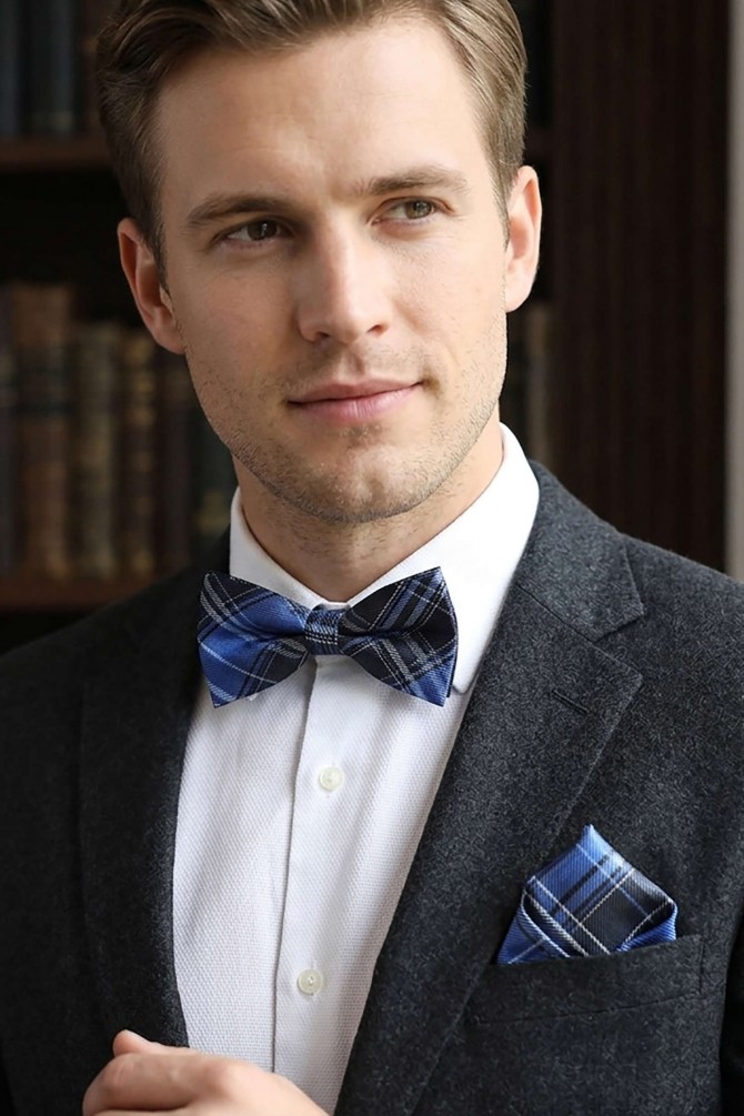 Checks bow tie in box with pocket square