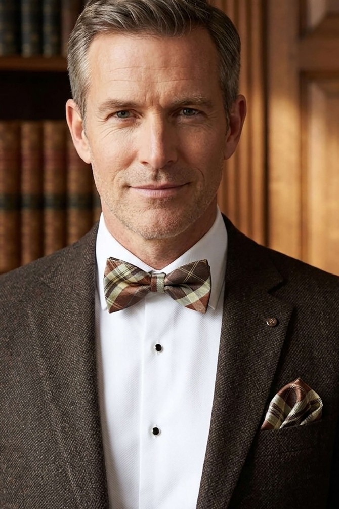 Checks bow tie in box with pocket square