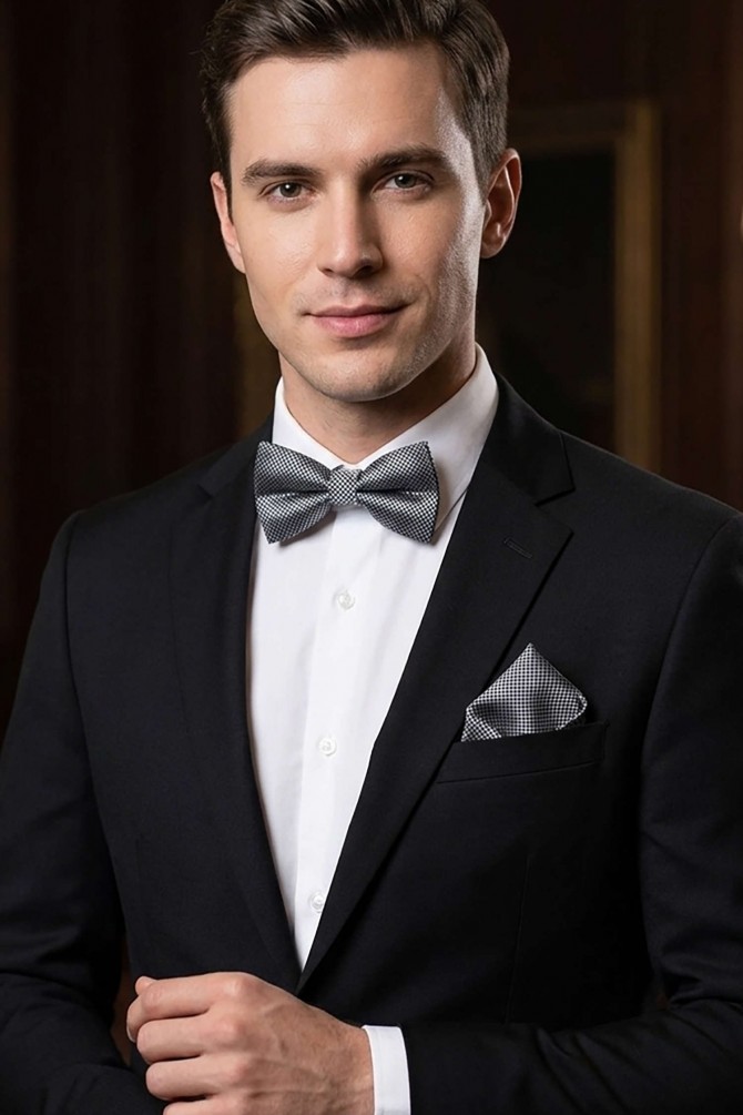 Patterned bow tie in box with pocket square in navy blue