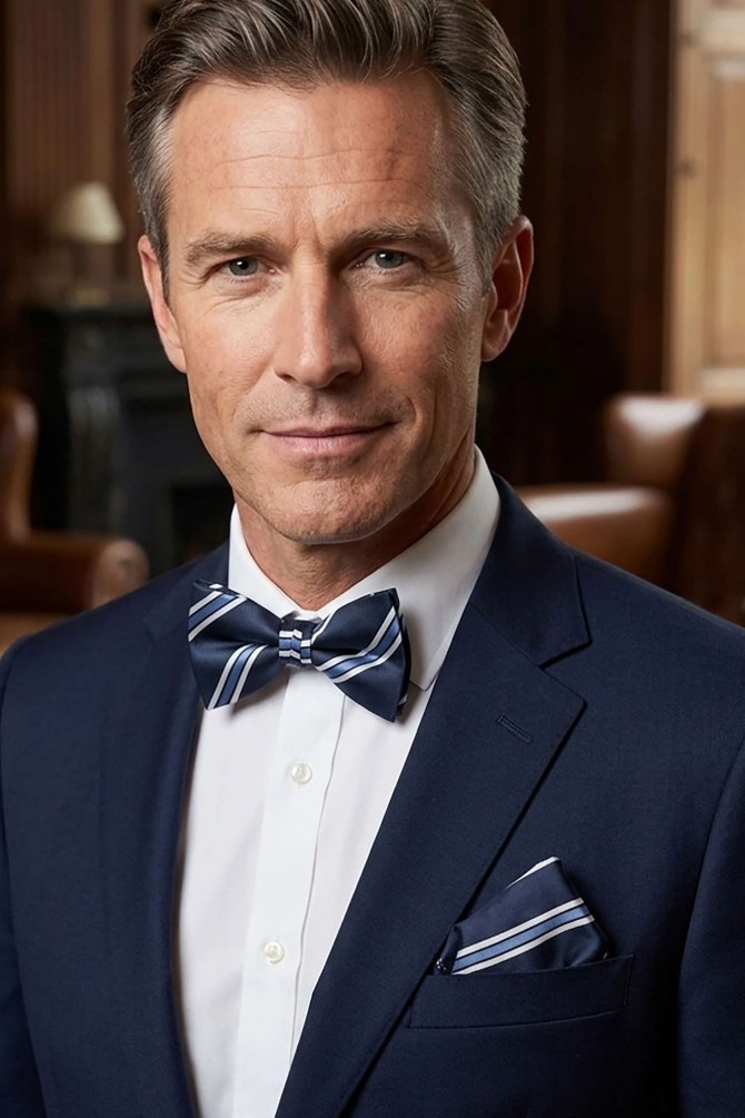 Patterned bow tie in box with pocket square in blue & white