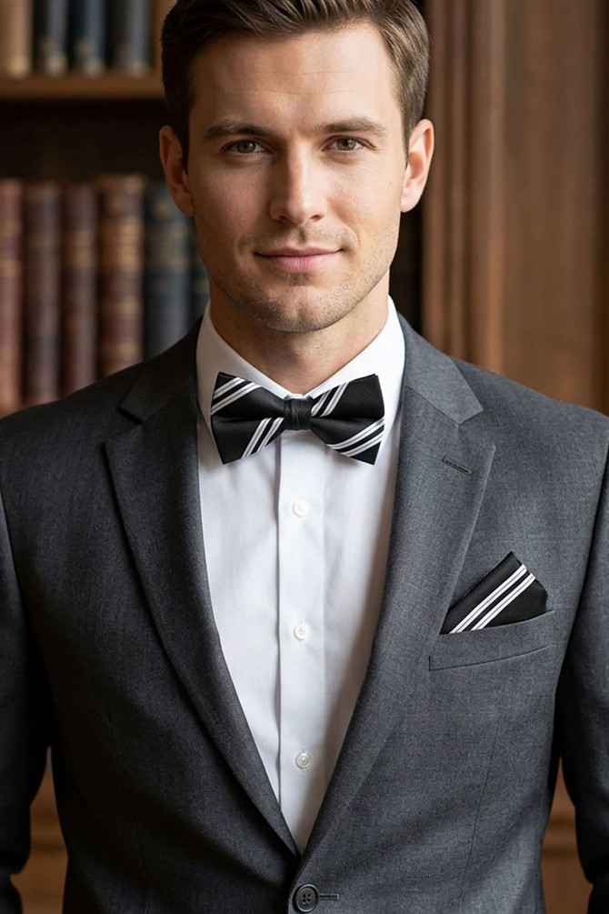 Patterned bow tie in box with pocket square in black & white