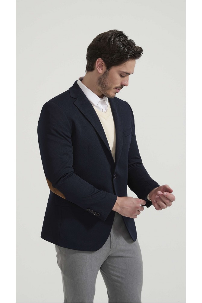 Blazer piqué à coudières- Marine