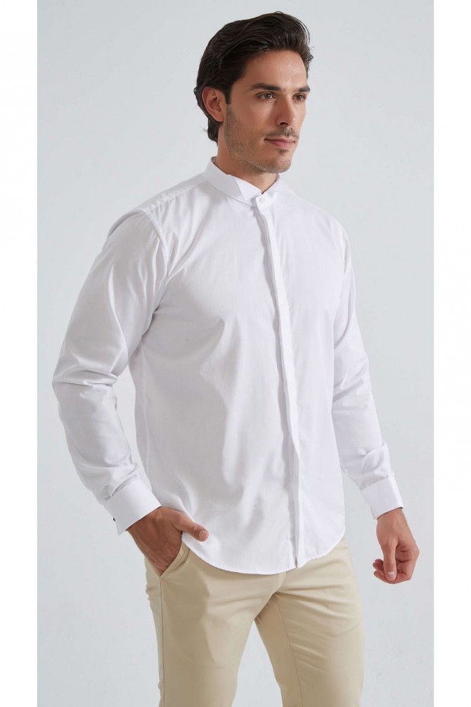 White cuff links comfort fit shirt wing collar