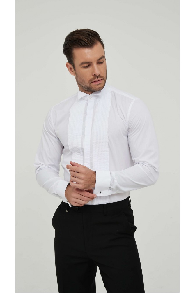 Chemise blanche col cassé avec plastron slim fit