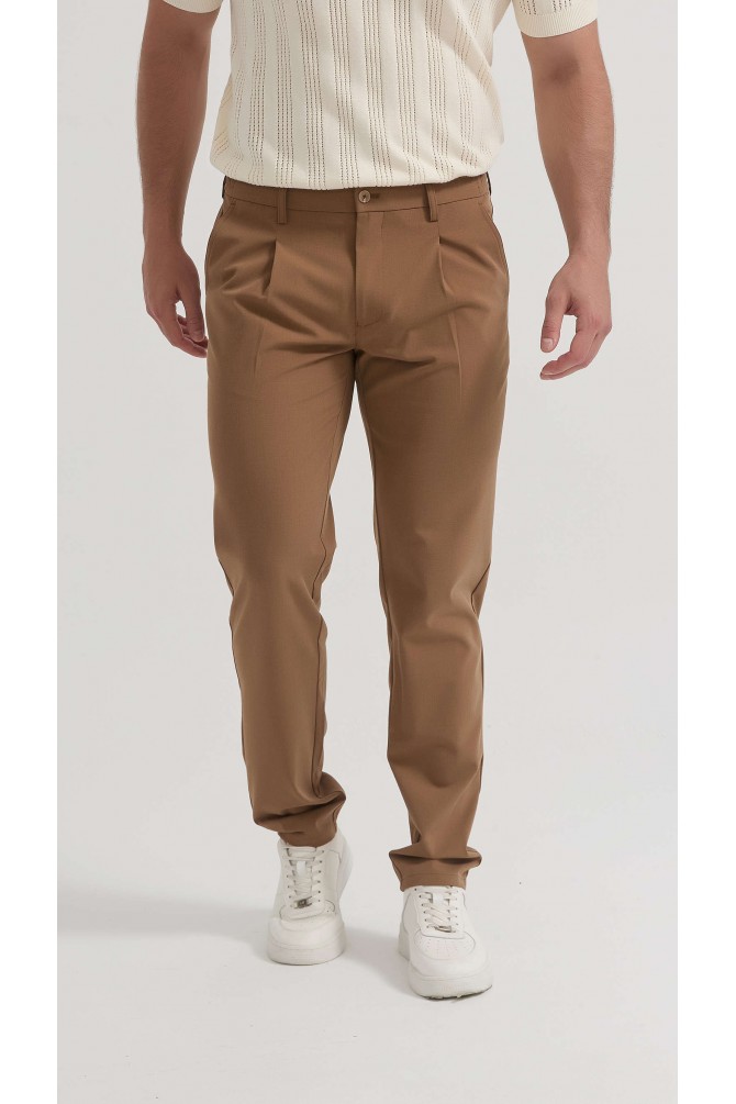 Pantalon stretch à pinces - Camel