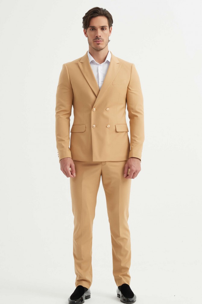 Double breasted suit in sand