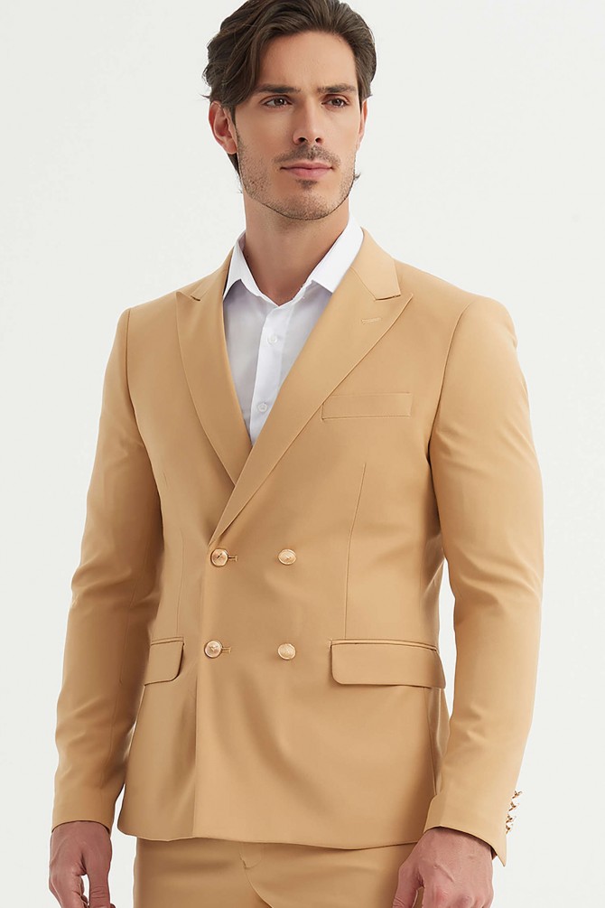 Double breasted suit in sand