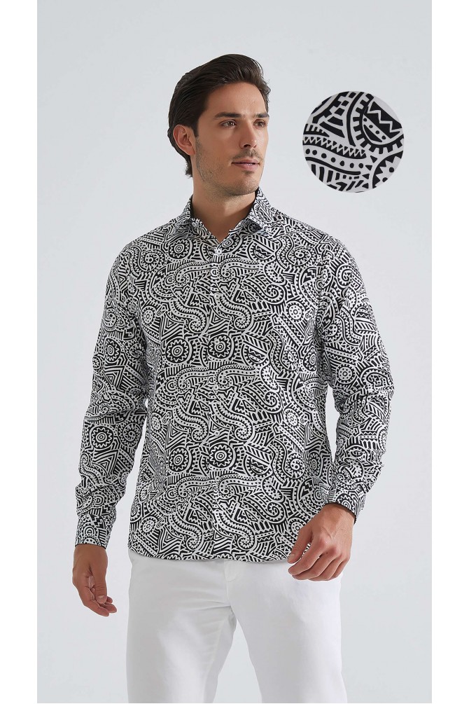Chemise coupe droite à motifs - Noir