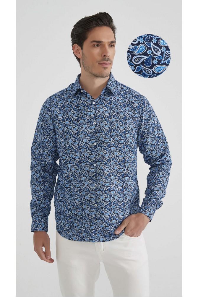 Chemise coupe droite à motifs - Bleu