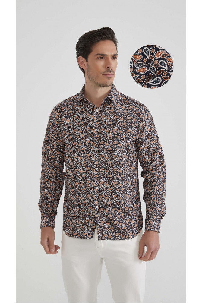 Chemise coupe droite à motifs - Marron