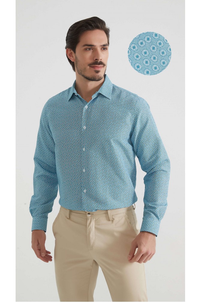 Chemise coupe droite à motifs - Bleu turquoise