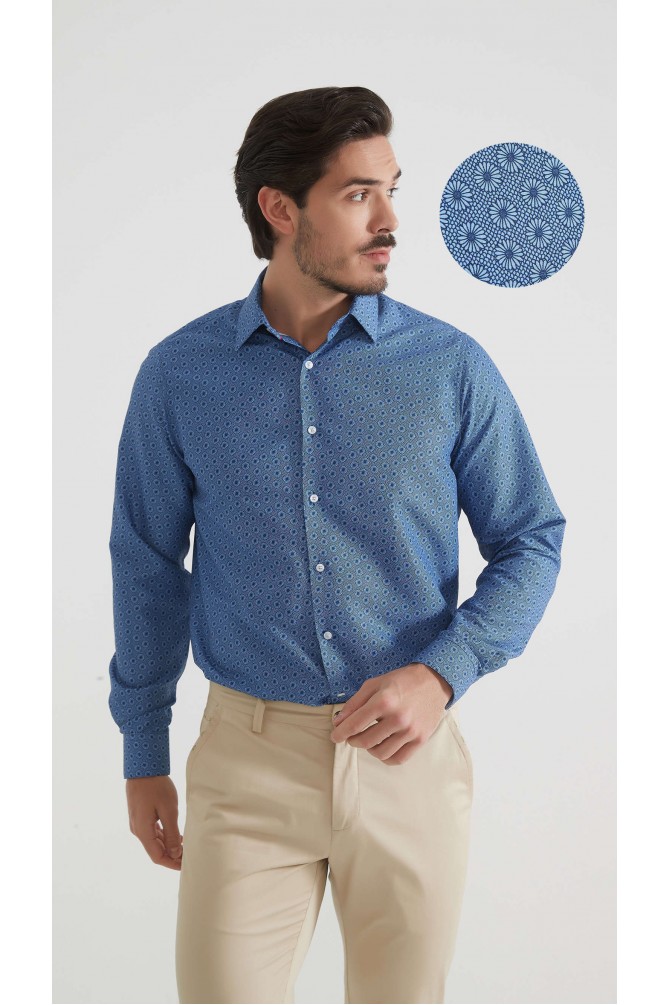 Chemise coupe droite à motifs - Bleu