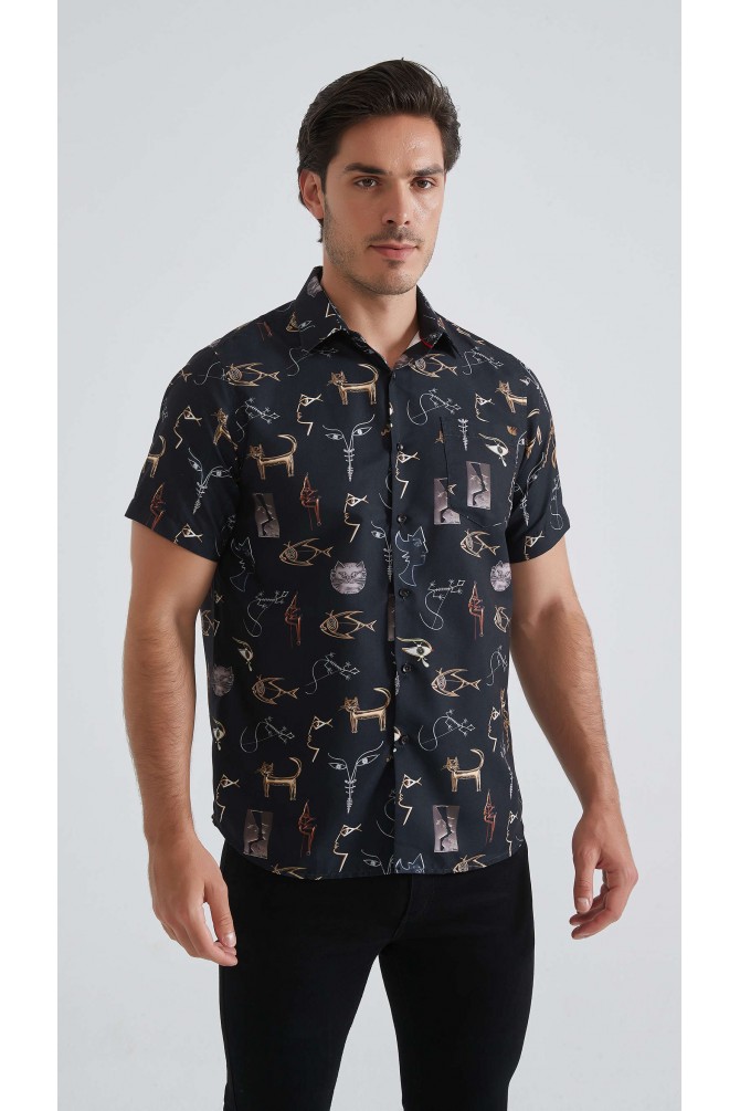 Patterned sleeveless shirt comfort fit - Black