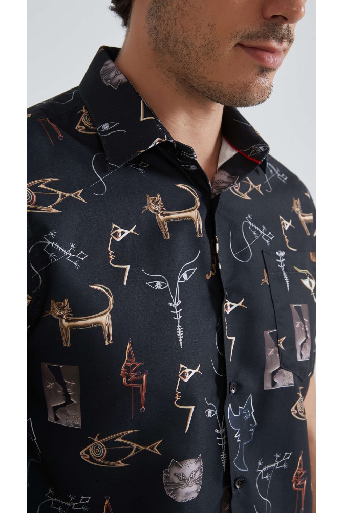 Patterned sleeveless shirt comfort fit - Black