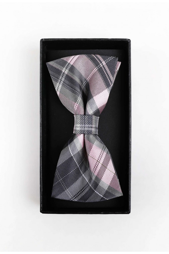 Checks bow tie in box with pocket square
