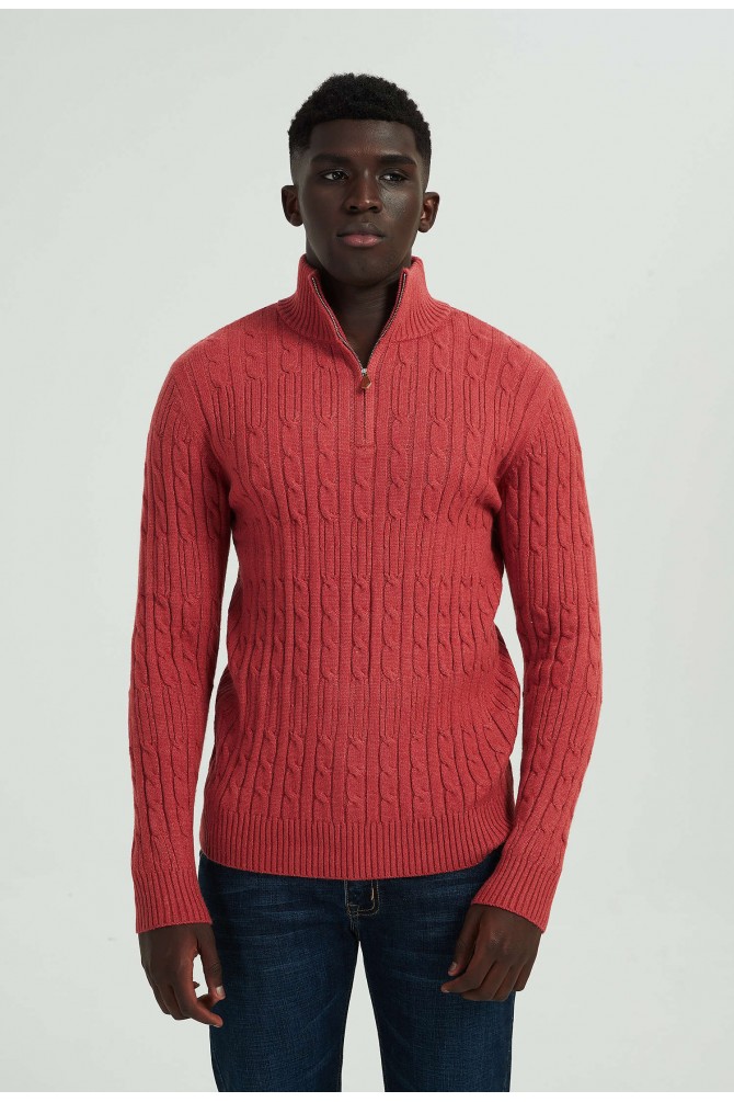 Cable knit high zip neck jumper