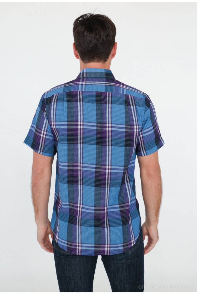 Blue, purple and black checks sleeveless shirt comfort fit
