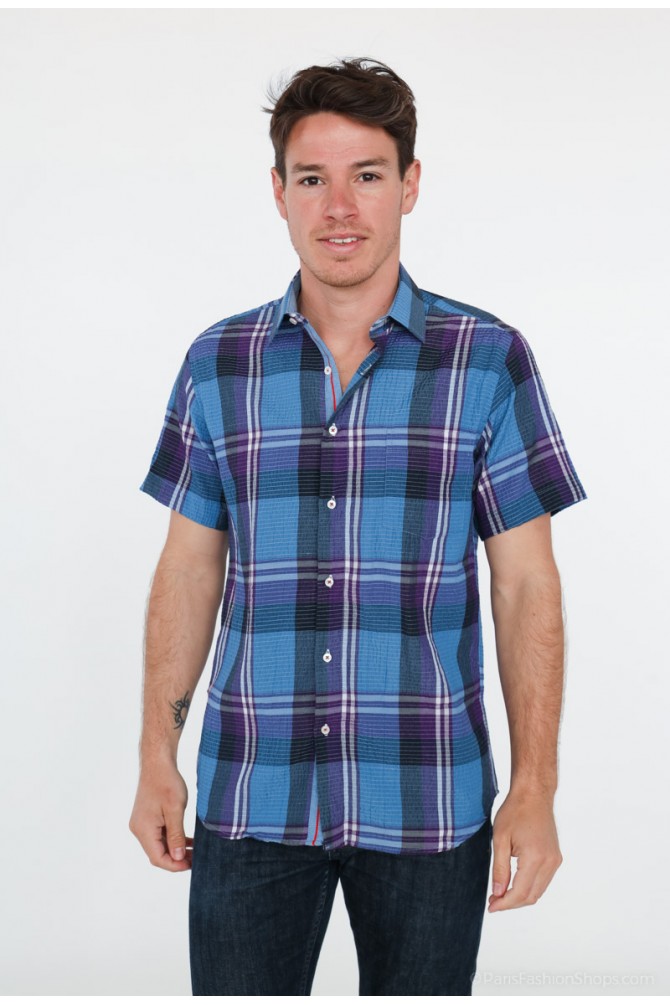 Blue, purple and black checks sleeveless shirt comfort fit