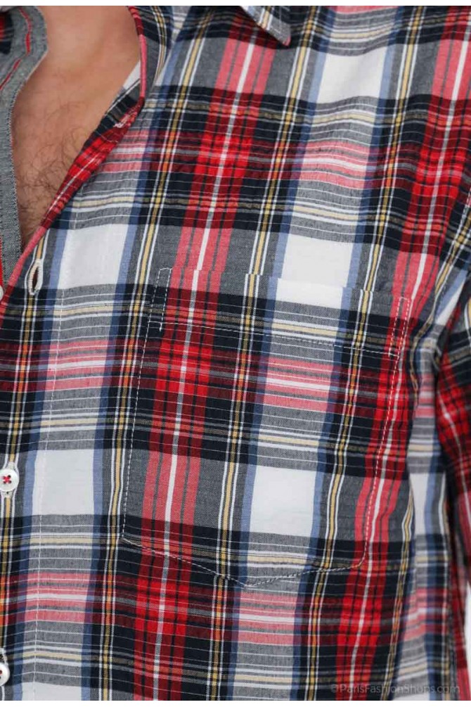 Red, white and grey checks sleeveless shirt comfort fit