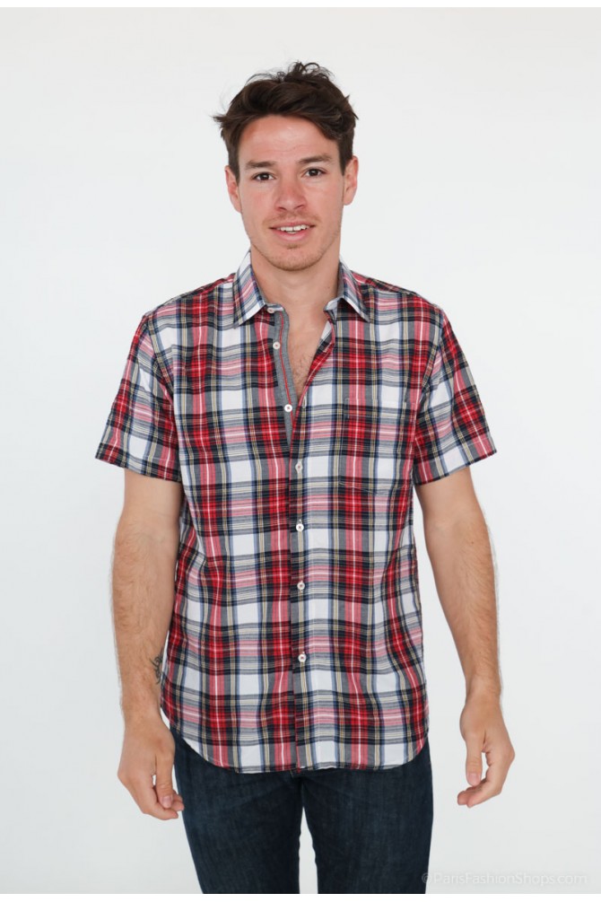 Red, white and grey checks sleeveless shirt comfort fit