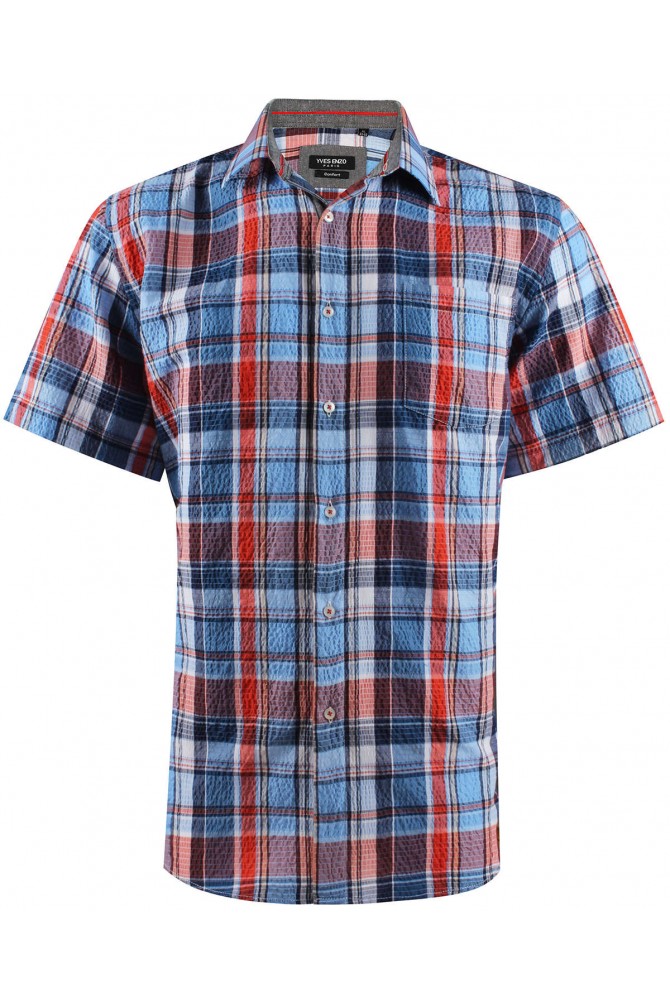 Blue, red and white checks sleeveless shirt comfort fit