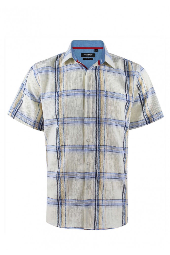 Beige and blue checks sleeveless shirt comfort fit