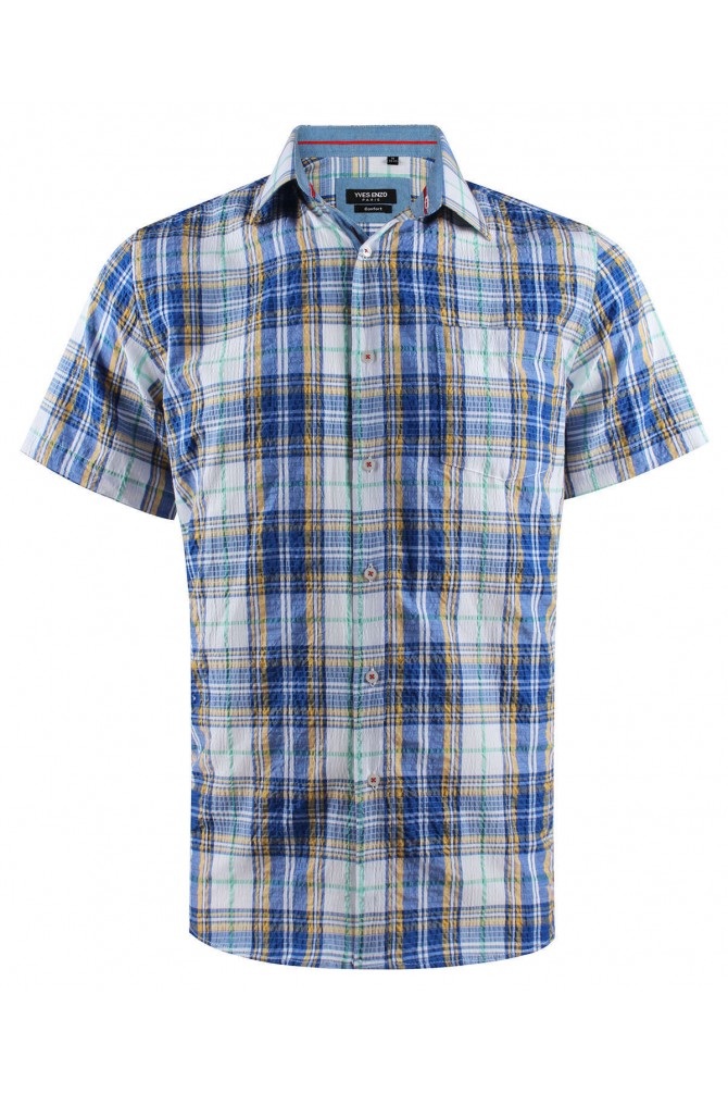 White blue and gold checks sleeveless shirt comfort fit