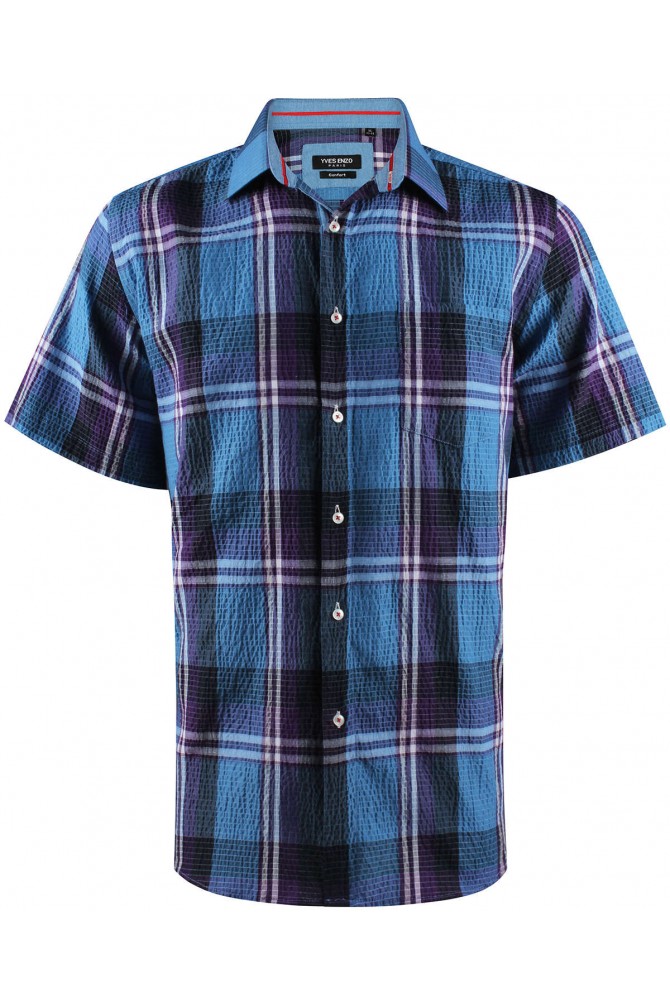 Blue, purple and black checks sleeveless shirt comfort fit