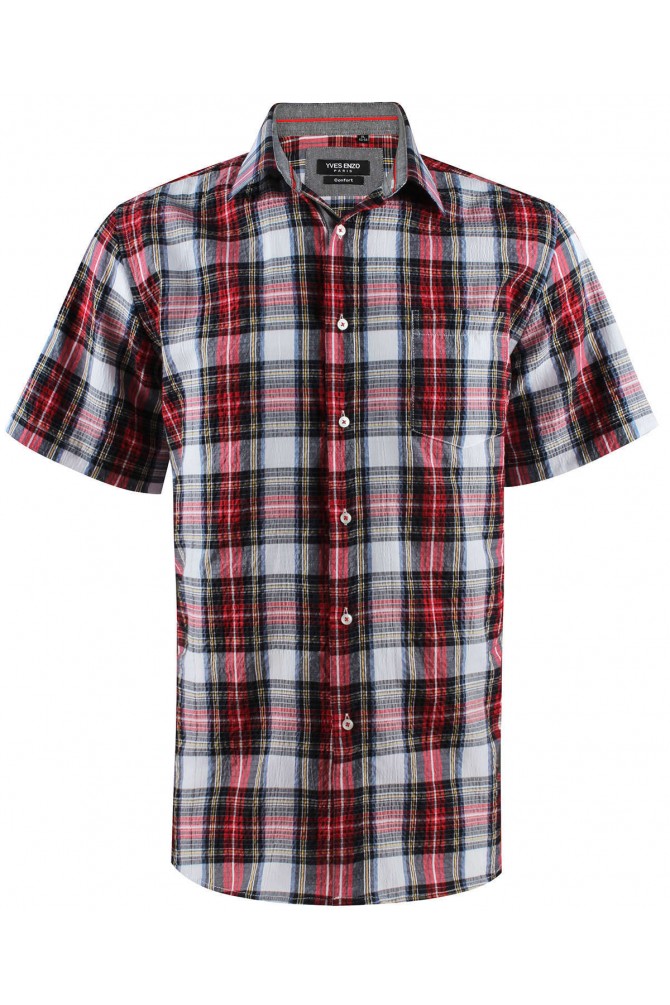 Red, white and grey checks sleeveless shirt comfort fit