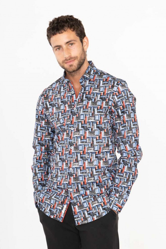 Chemise slim STRETCH à motifs BOOKS en digital print