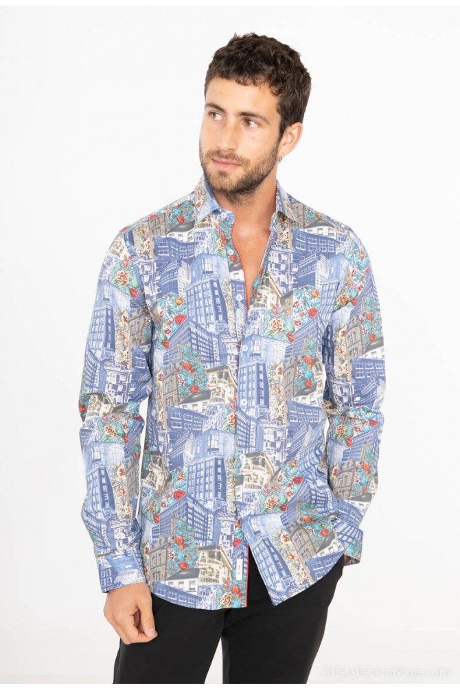 Chemise slim STRETCH à motifs CITY en digital print