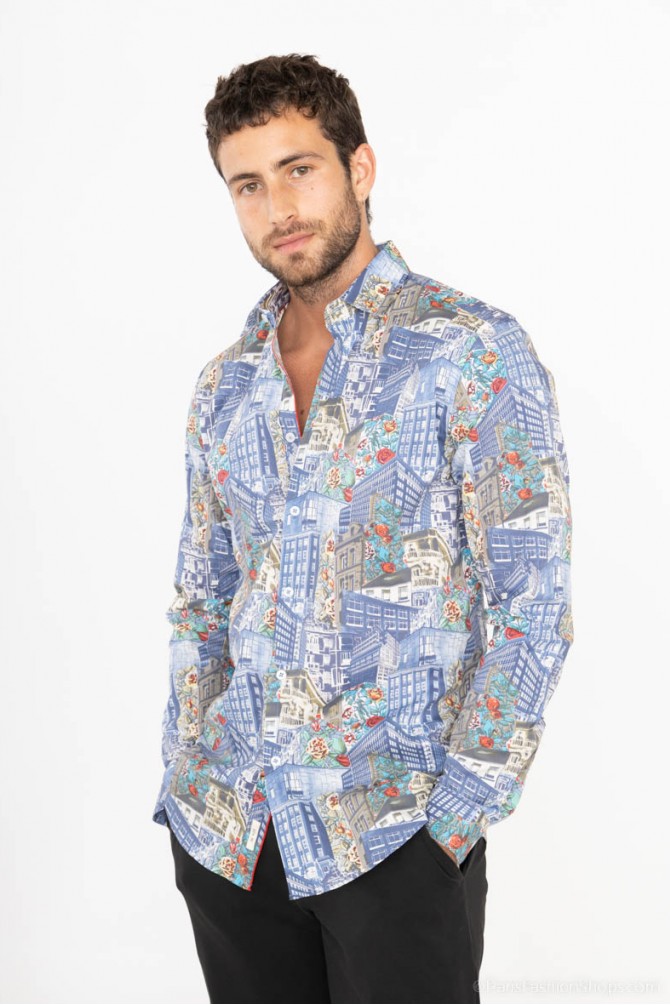 Chemise slim STRETCH à motifs CITY en digital print