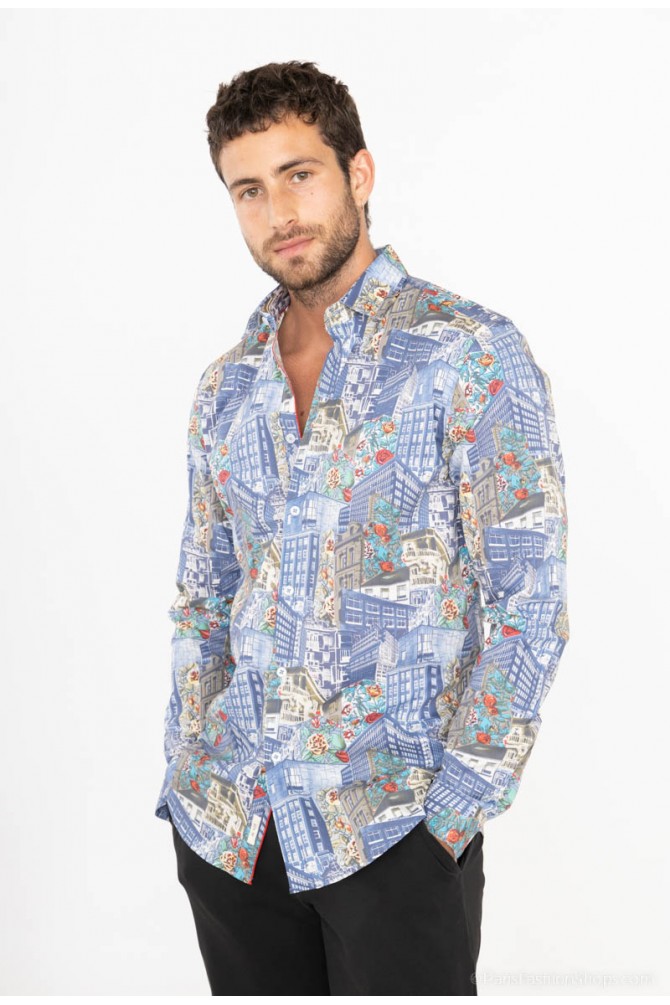 Chemise slim STRETCH à motifs CITY en digital print