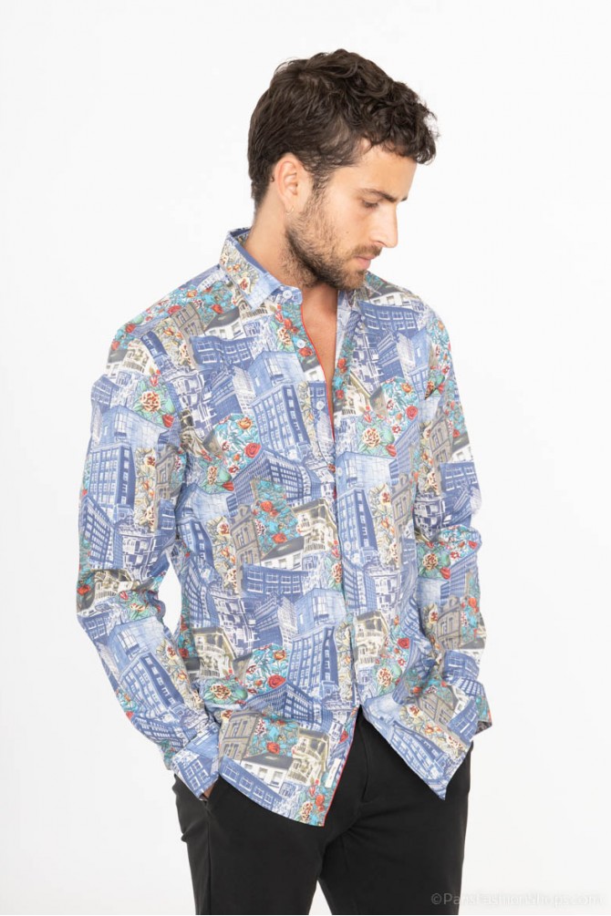 Chemise slim STRETCH à motifs CITY en digital print