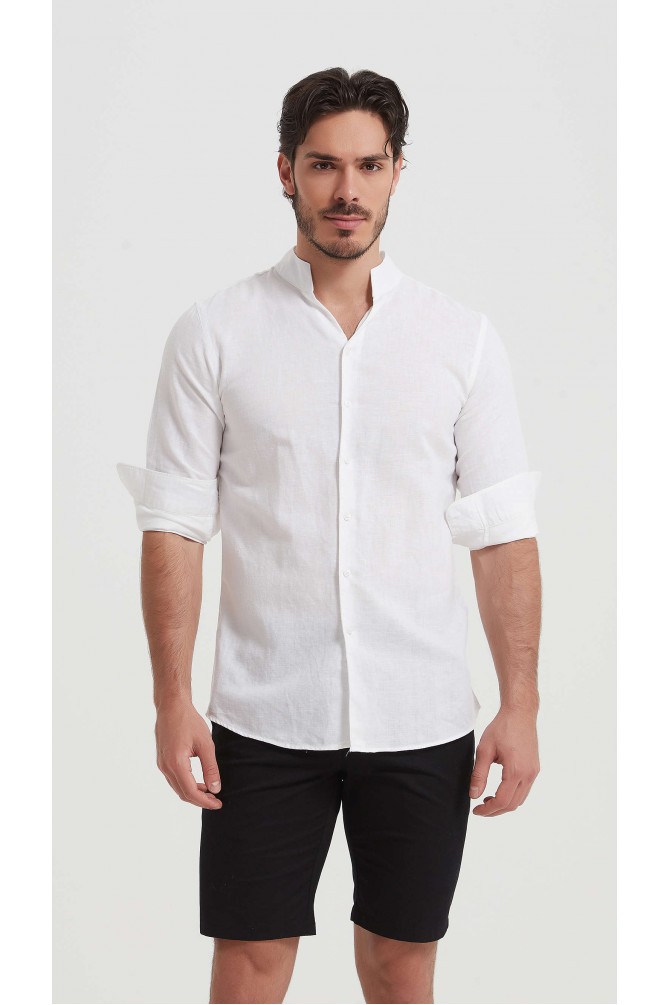 Chemise col châle en lin coupe ajustée