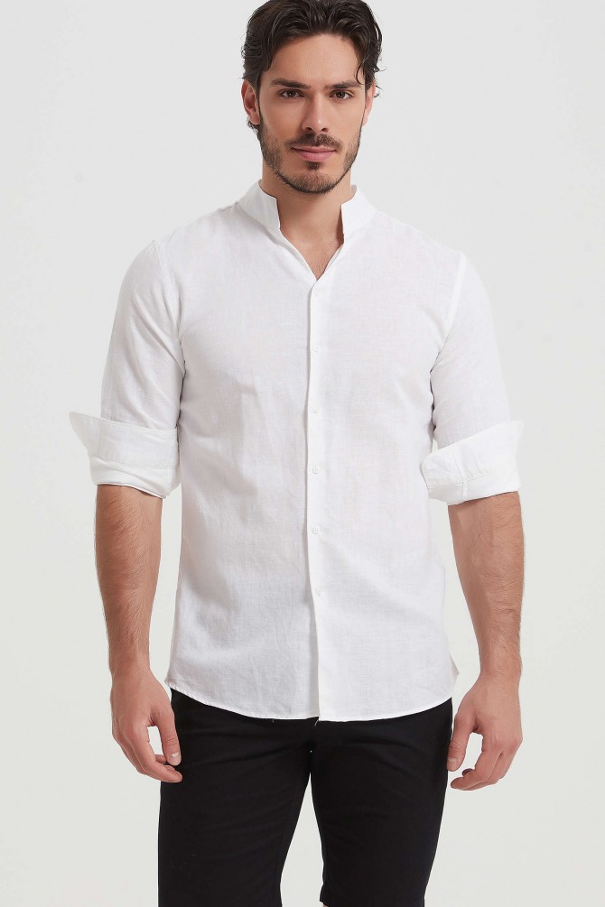 Fitted linen shawl collar shirt